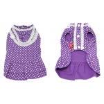 Front and rear views of the purple designer polka dots dog dress